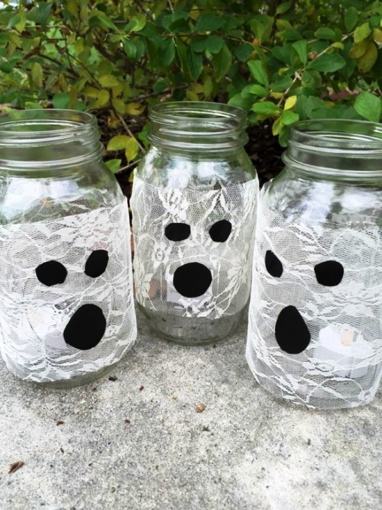 Üvegedényekből készült kerti lámpák Ötletek szellemek üvegek készítéséhez szellemarcokkal és tündérfényekkel