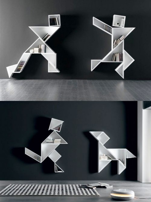 jedinstveno kreativne police za knjige i police za knjige tangram zagonetke na zidu