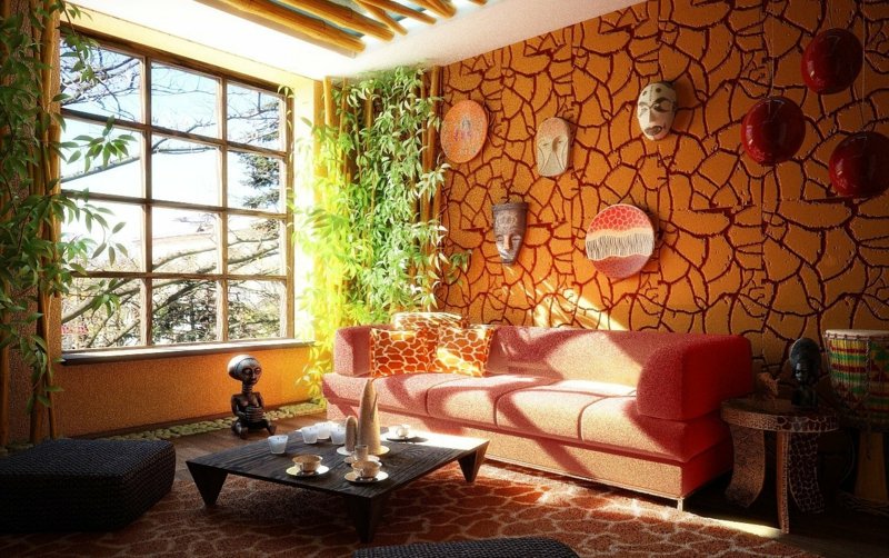 Zid od bambusa u dnevnom boravku s afričkim naglaskom