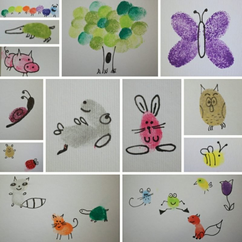 Les empreintes digitales avec les enfants font des figures d'animaux