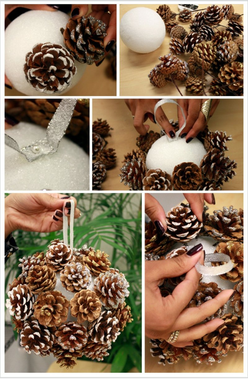 Ukrasite kuglu stiropora šišarkama Kuglice za božićno drvce napravite sami