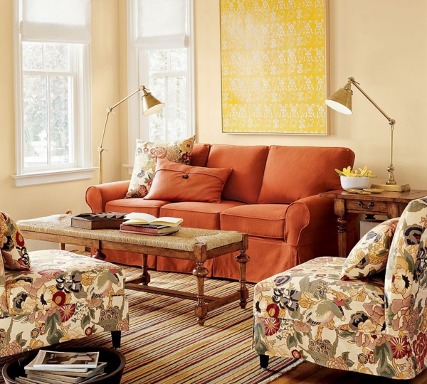 nappali design narancssárga karosszék bútor virágmintás nappali design narancssárga karosszék virágmintás