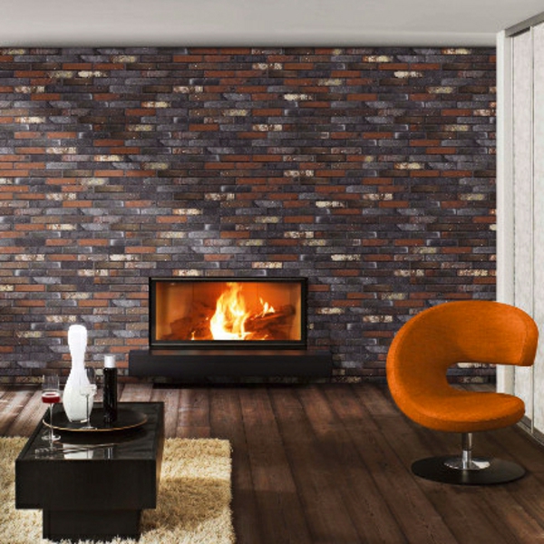 tervezési lehetőségek nappali téglafal kandalló narancssárga fotel tervezési lehetőségek nappali téglafal kandalló