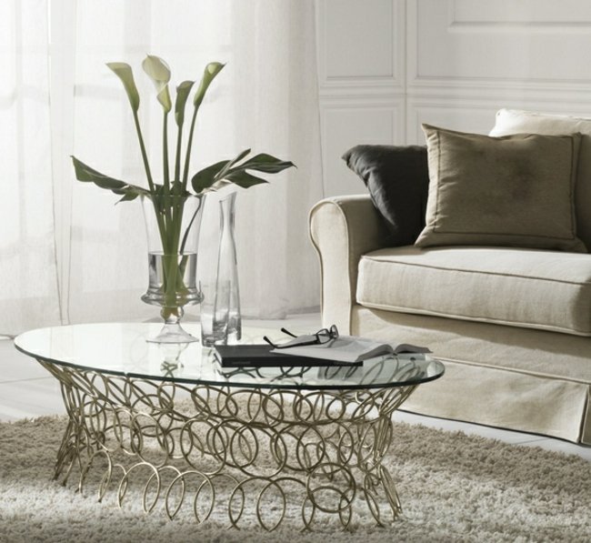 Tavolino grande design con base in metallo anelli Tavolino moderno base anelli in metallo piano in vetro