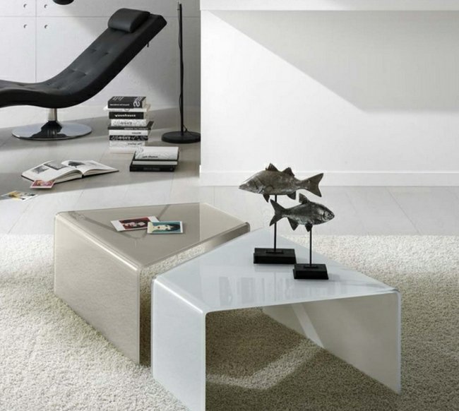 Tavolino di design in vetro due parti minimalista Tavolino moderno in vetro bianco beige