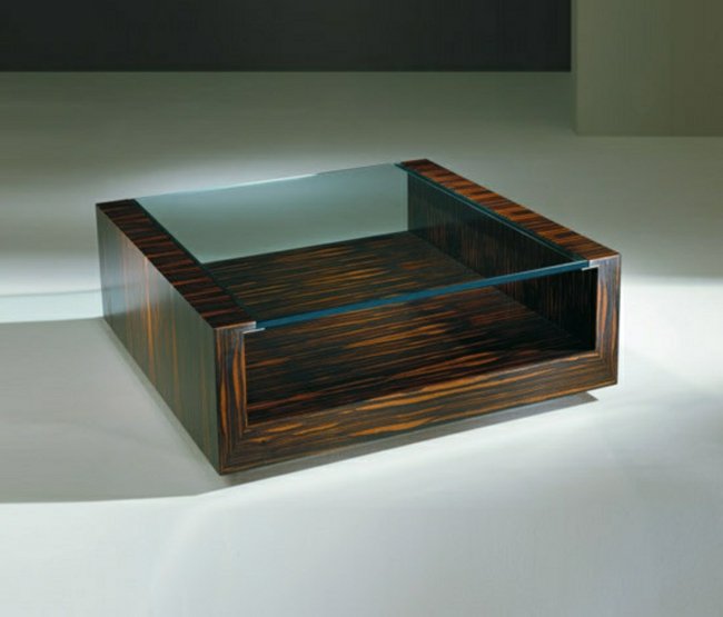 Tavolino quadrato in legno massello piano in vetro Tavolino moderno con base in legno massello piano in vetro