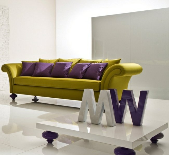 Tavolino basso design lettere viola bianche Tavolino moderno in plastica minimalista