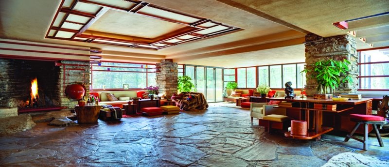 Espace de vie décloisonné Fallingwater House espace de vie ouvert look élégant