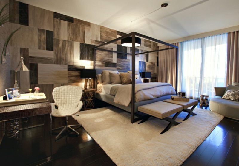 Camera da letto arredamento moderno accento parete legno boiserie telaio del letto Camera da letto moderna camera da letto con struttura del letto a parete accento