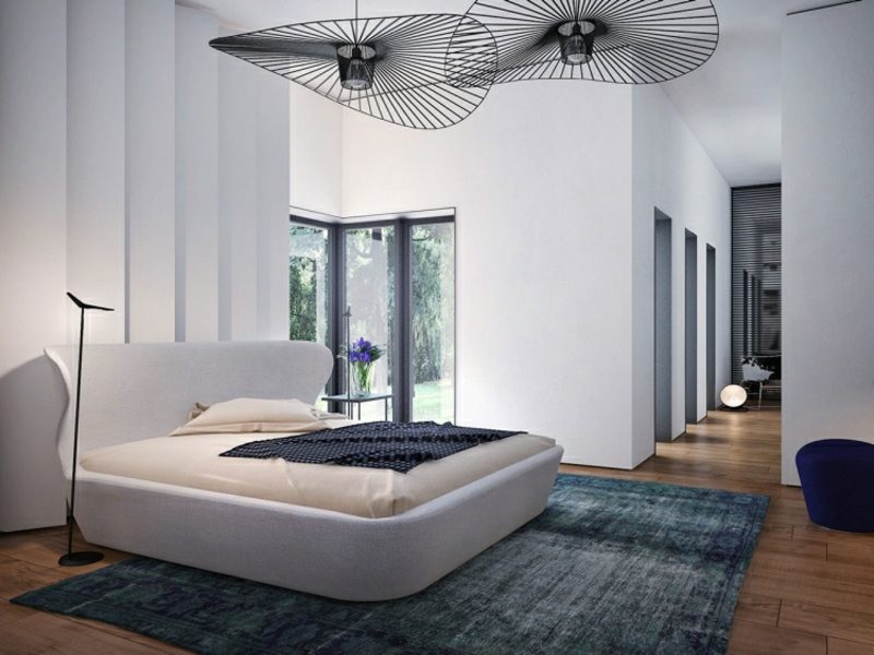 Camera da letto allestita con grandi lampade dal look moderno Allestimento camera da letto che accende magnifiche lampade