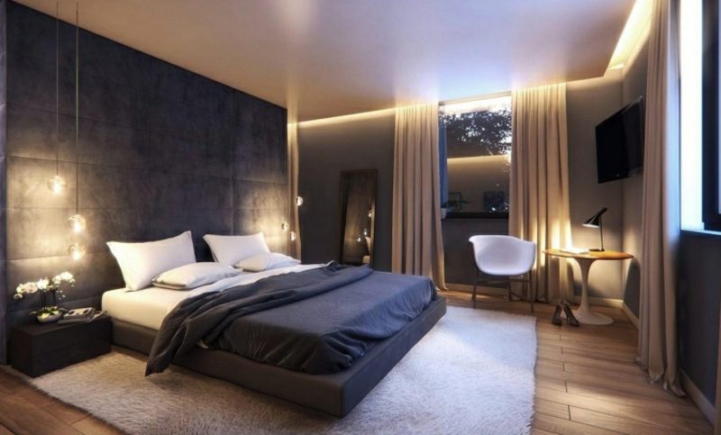 Parete piastrellata romantica con illuminazione indiretta della camera da letto Le camere da letto creano interni moderni illuminazione indiretta