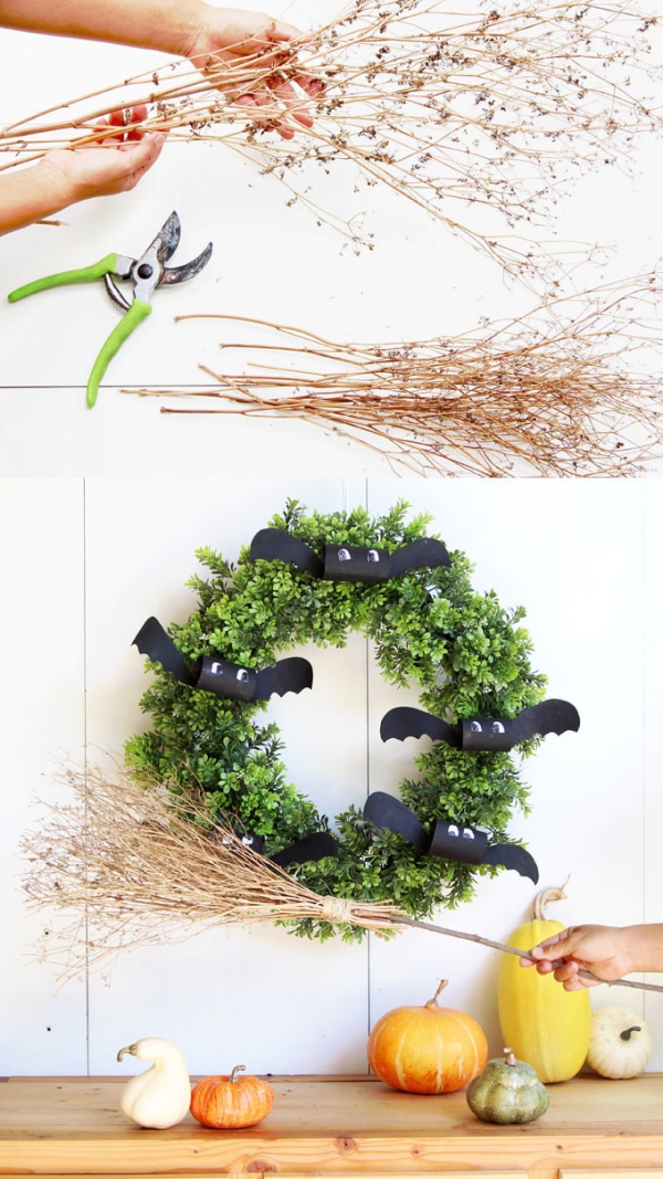 Bricolage balais de sorcière avec enfants - idées d'artisanat effrayantes et 2 instructions très faciles couronne de balai couronne de porte halloween bricolage