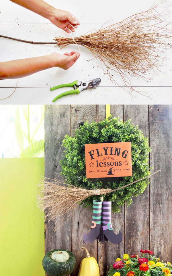 Bricoler des balais de sorcière avec des enfants - des idées d'artisanat effrayantes et 2 instructions faciles à utiliser pour attacher une couronne de balai à faire soi-même