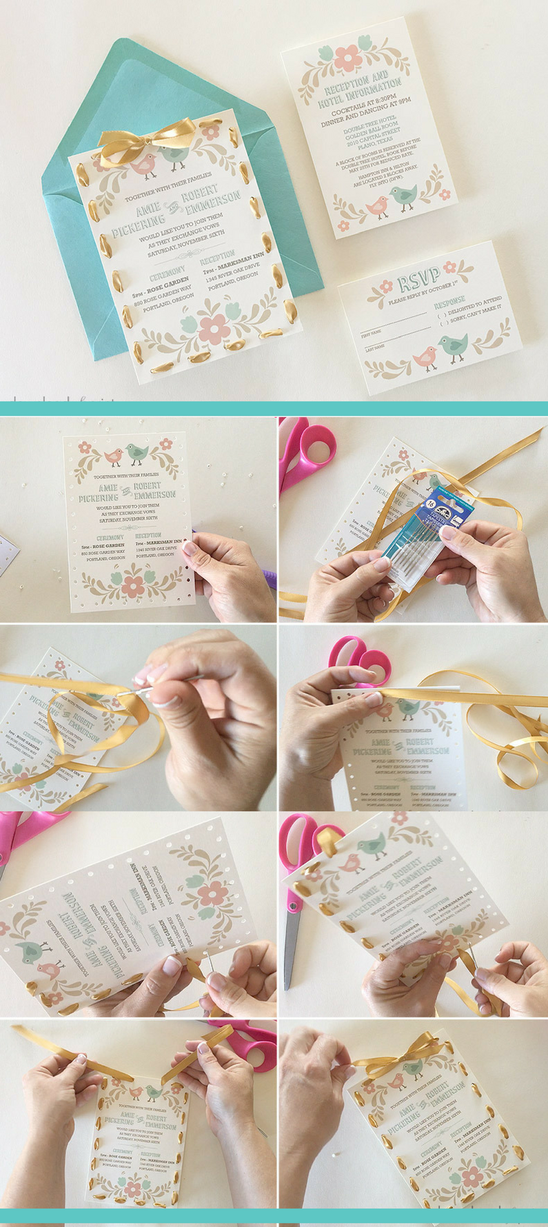 Napravite DIY ideju za vjenčanu čestitku: Nanesite završne detalje na vjenčanu čestitku prekrasnom vrpcom Napravite DIY ideju za vjenčanu čestitku: Nanesite završne detalje na vjenčanu čestitku prekrasnom vrpcom