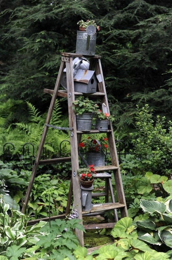 Upotrijebite drvene ukrase ljestvama koje odgovaraju ukrasu dnevnog boravka u vrtnim saksijama