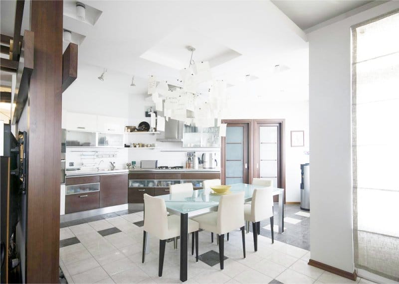 Floor from tiles in the interior of the kitchen in the Japanese style