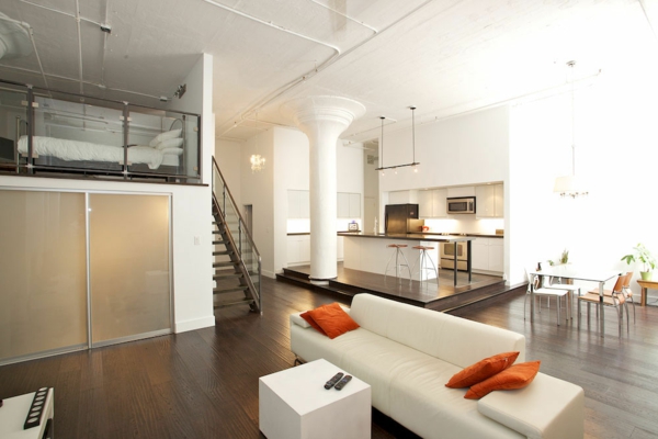 modern berendezési ötletek félemelet nyitott terek fehér