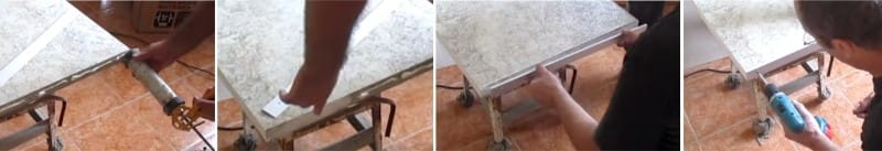 Smeer de uiteinden in met siliconen en leg een aluminium strip op het tafelblad