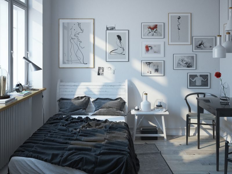 Association de blanc et de gris dans la chambre scandinave ! Idées d'aménagement de chambre à coucher couleurs blanches grises images de conception de mur lit fait de bois