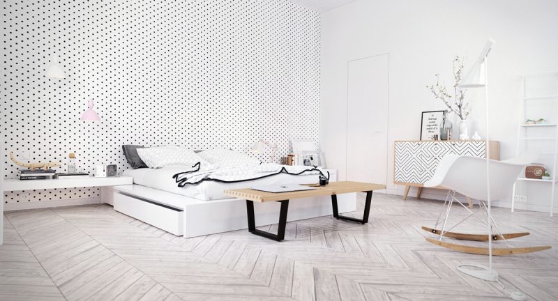 Inspiration style scandinave ! idées de chambre à coucher battante chambre design blanc lit fauteuil lampe murale design