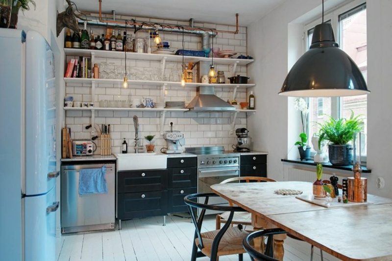Scandinavo soggiorno cucina bianco Soggiorno scandinavo nero armadi cucina mensole piastrelle
