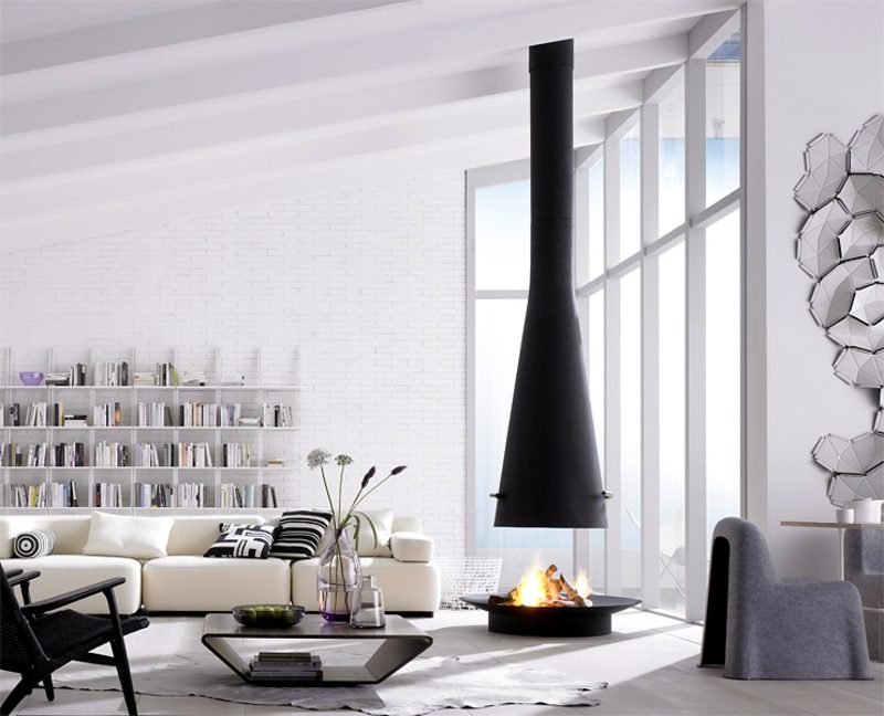 Soggiorno scandinavo camino grigio bianco Vita scandinava