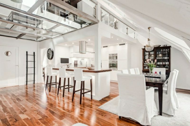 Scandinavo soggiorno pavimento in vetro cucina bianca Pavimento in vetro attico vivente scandinavo