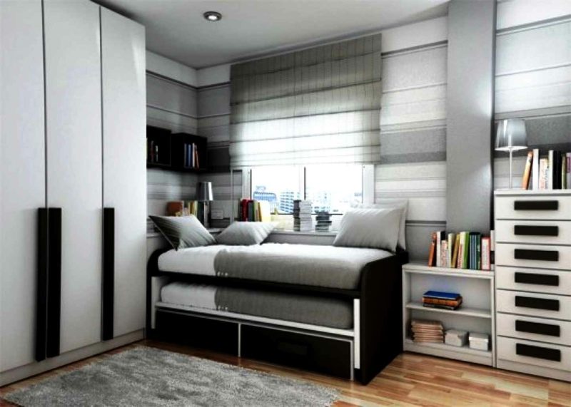 Allestimento camera teenager grigio bianco nero