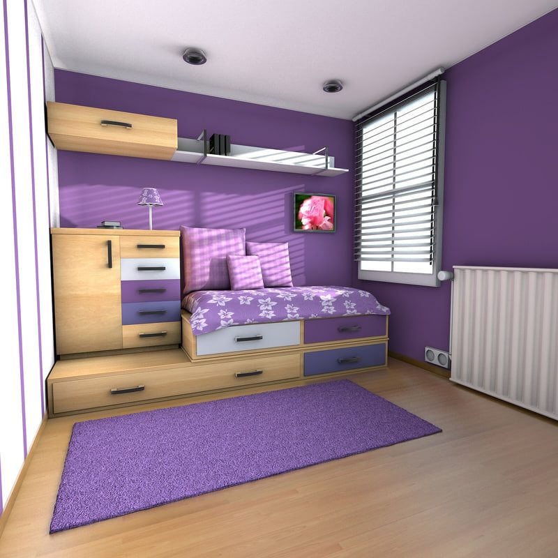 Camera per adolescenti allestita look moderno viola