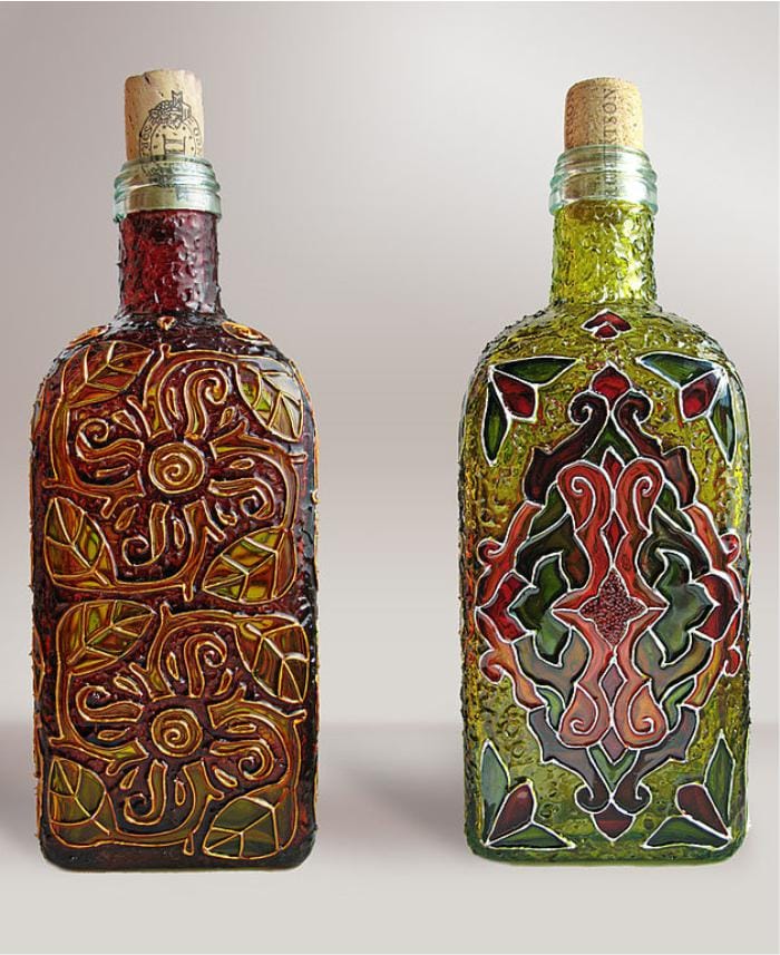 Stained glass painting of bottles