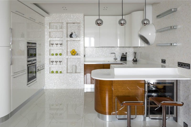 Mother of pearl apron and walls in the interior of the kitchen