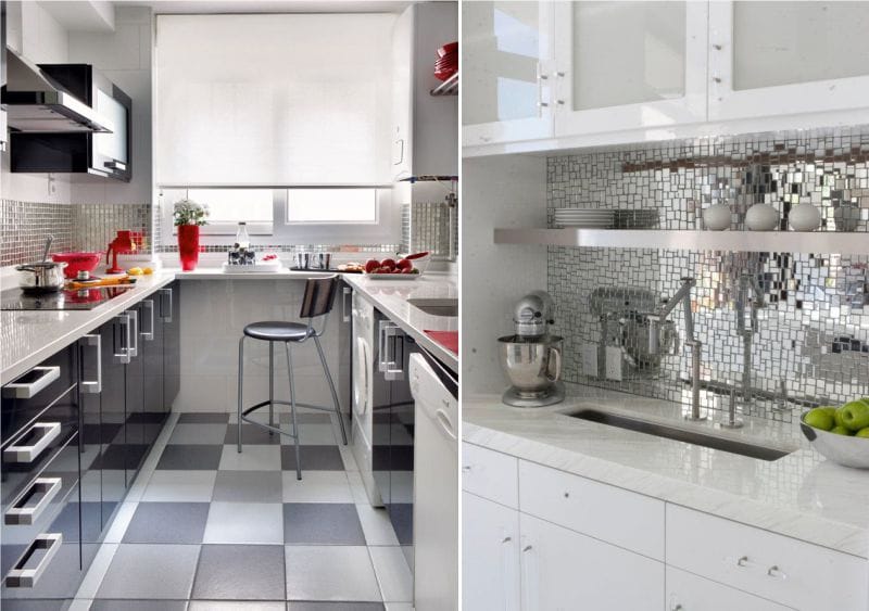 Mirror mosaic apron in the interior of the kitchen