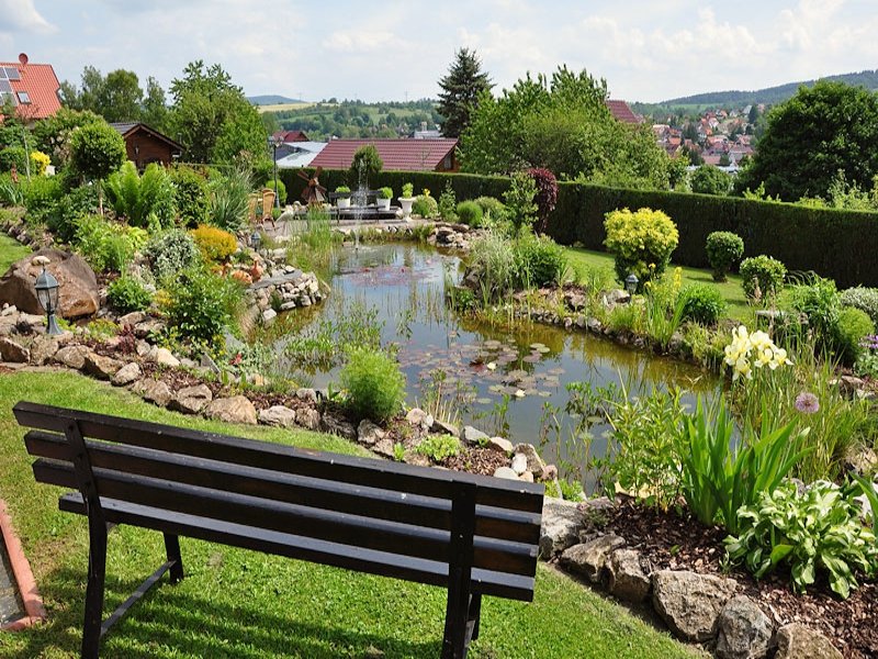 banc à côté de l'étang du jardin
